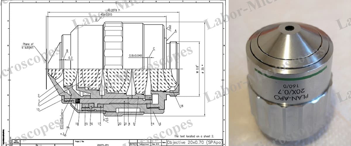 Рис. 1. Сборочный чертёж и фотография CCF план полиапохромата 20x0.70